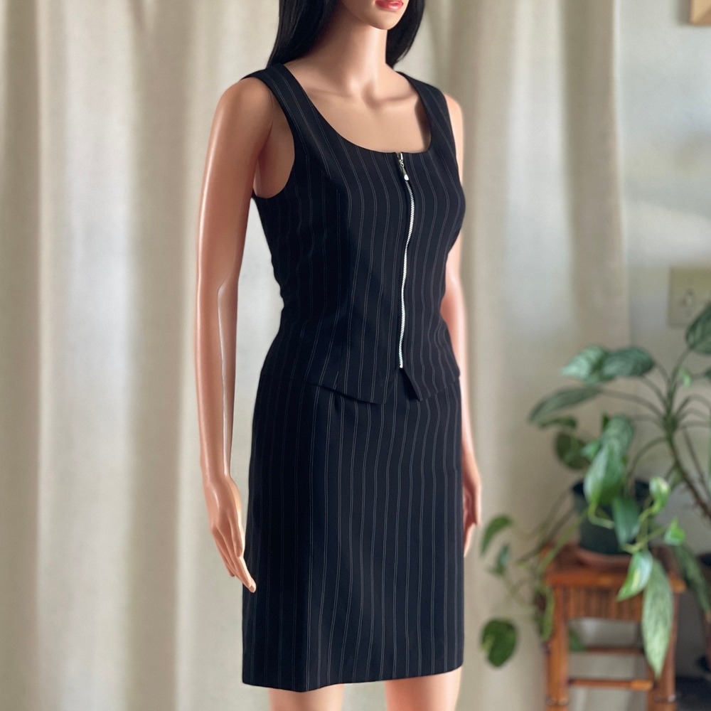 Vintage 90s Ann Taylor Pinstripe Faux Vest Zip Front Sheath Dress Black Size 4 - Picture 1 of 7